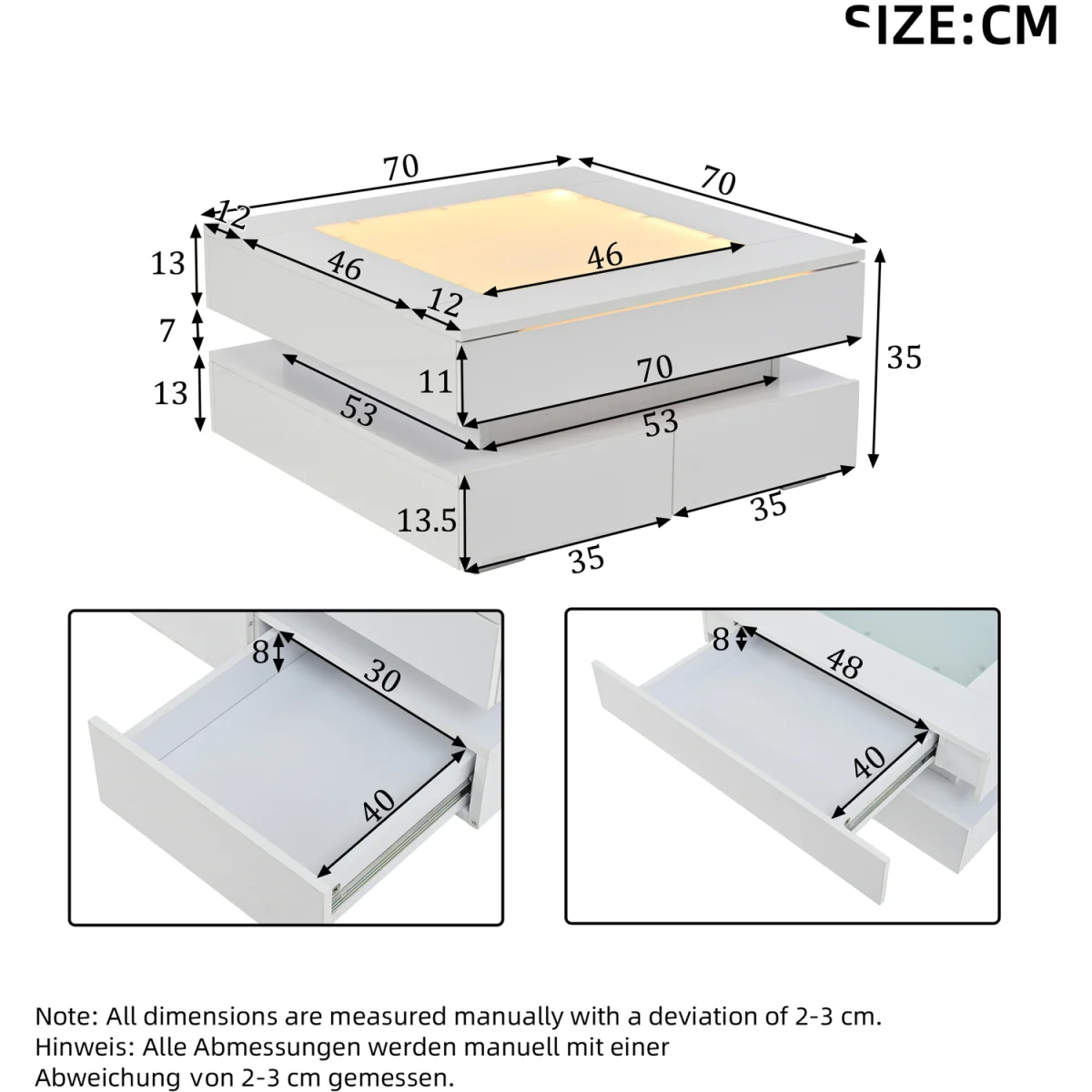 White High Gloss Coffee Table with 3 Drawers, Glass Top & LED Lights - White – image 6