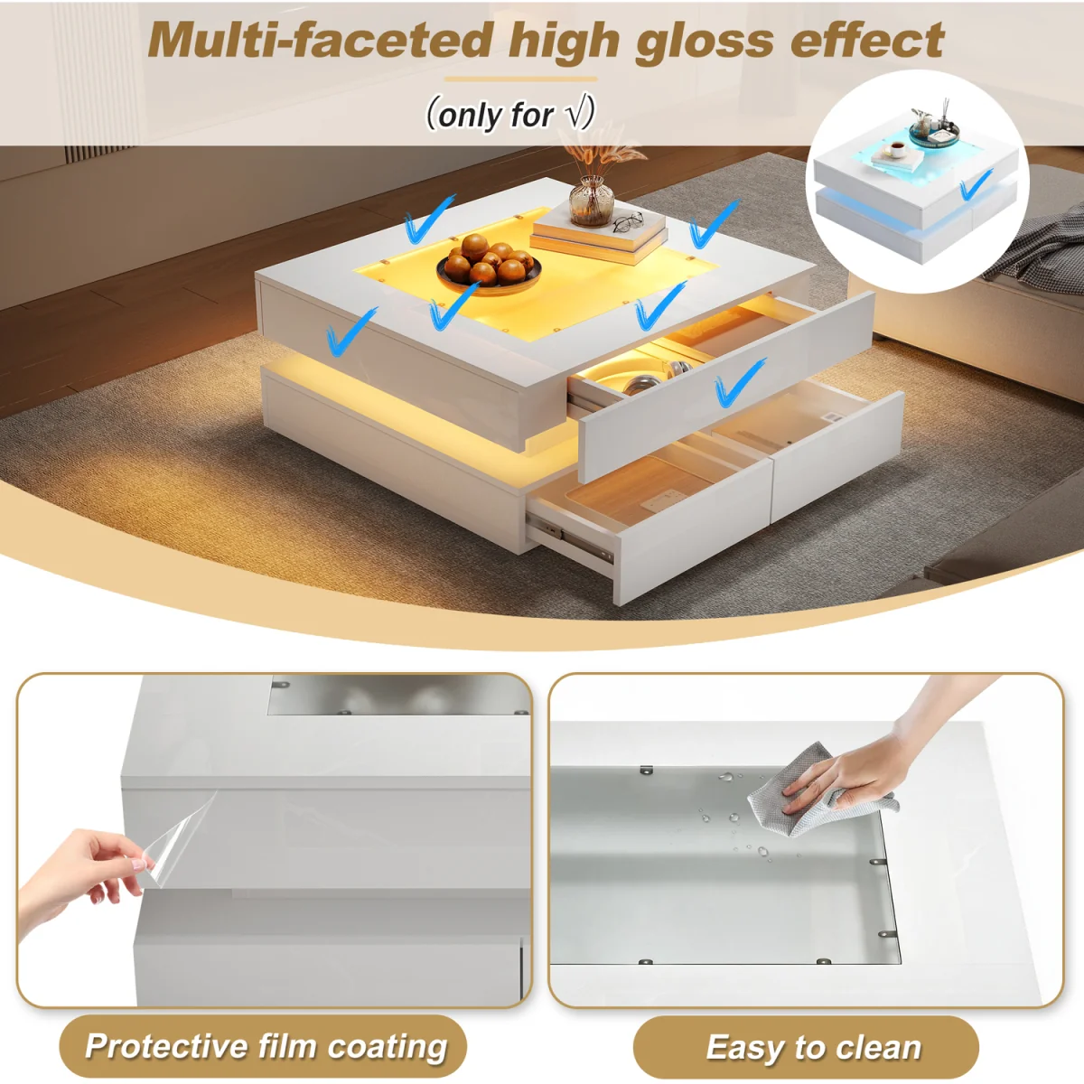 White High Gloss Coffee Table with 3 Drawers, Glass Top & LED Lights - White – image 7