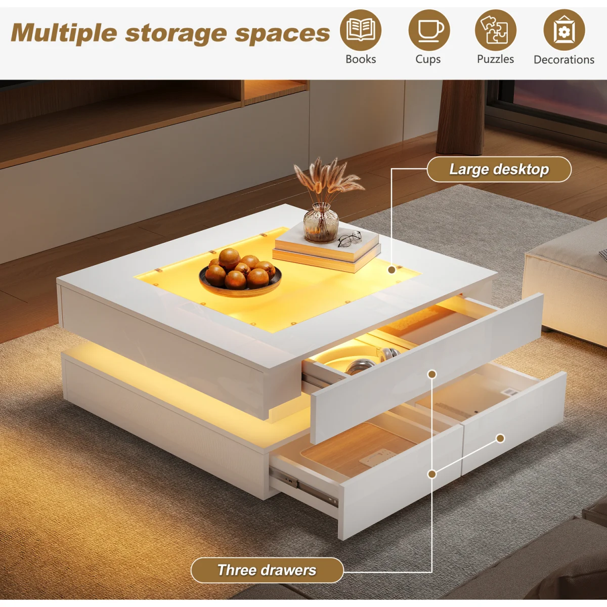White High Gloss Coffee Table with 3 Drawers, Glass Top & LED Lights - White – image 8