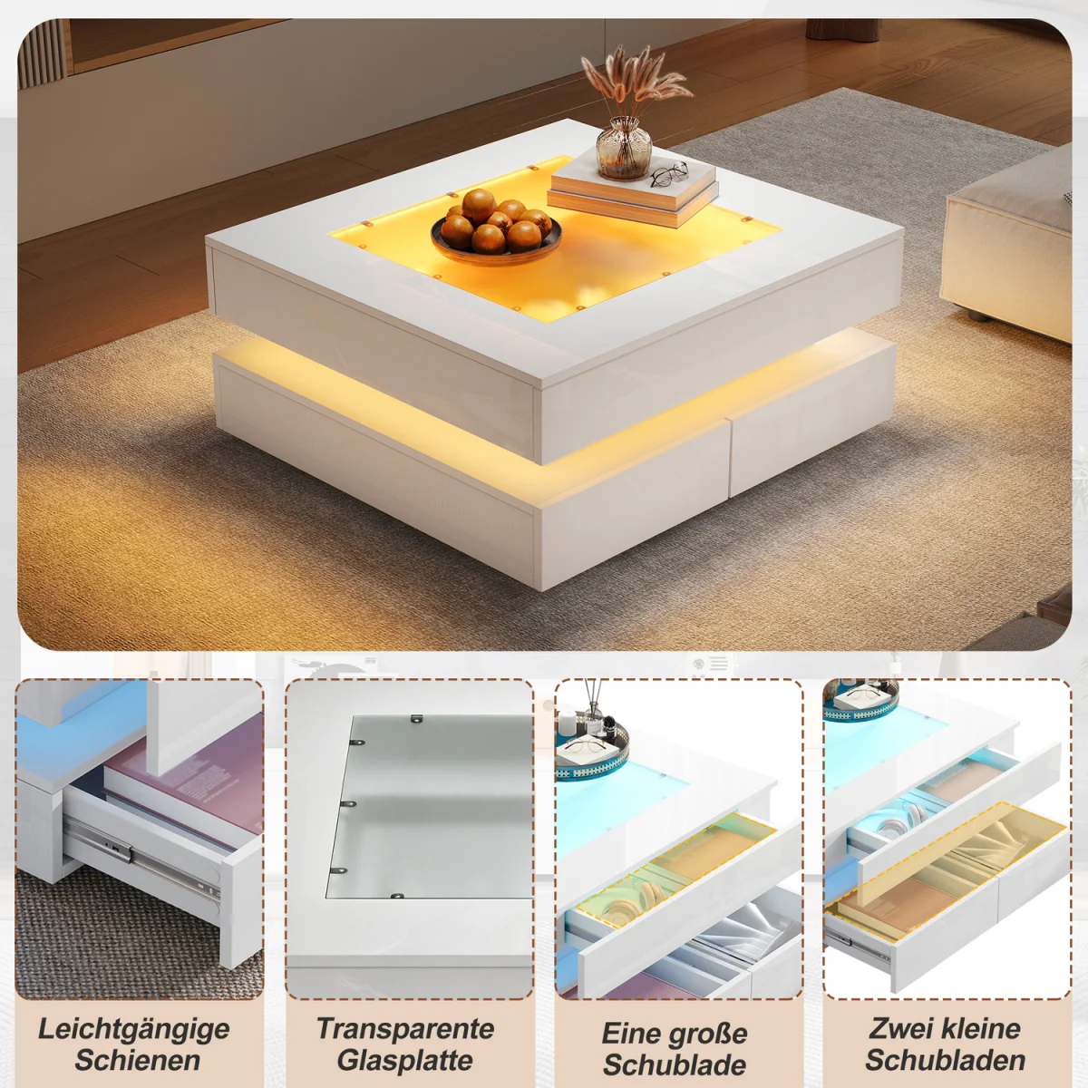 White High Gloss Coffee Table with 3 Drawers, Glass Top & LED Lights - White – image 9
