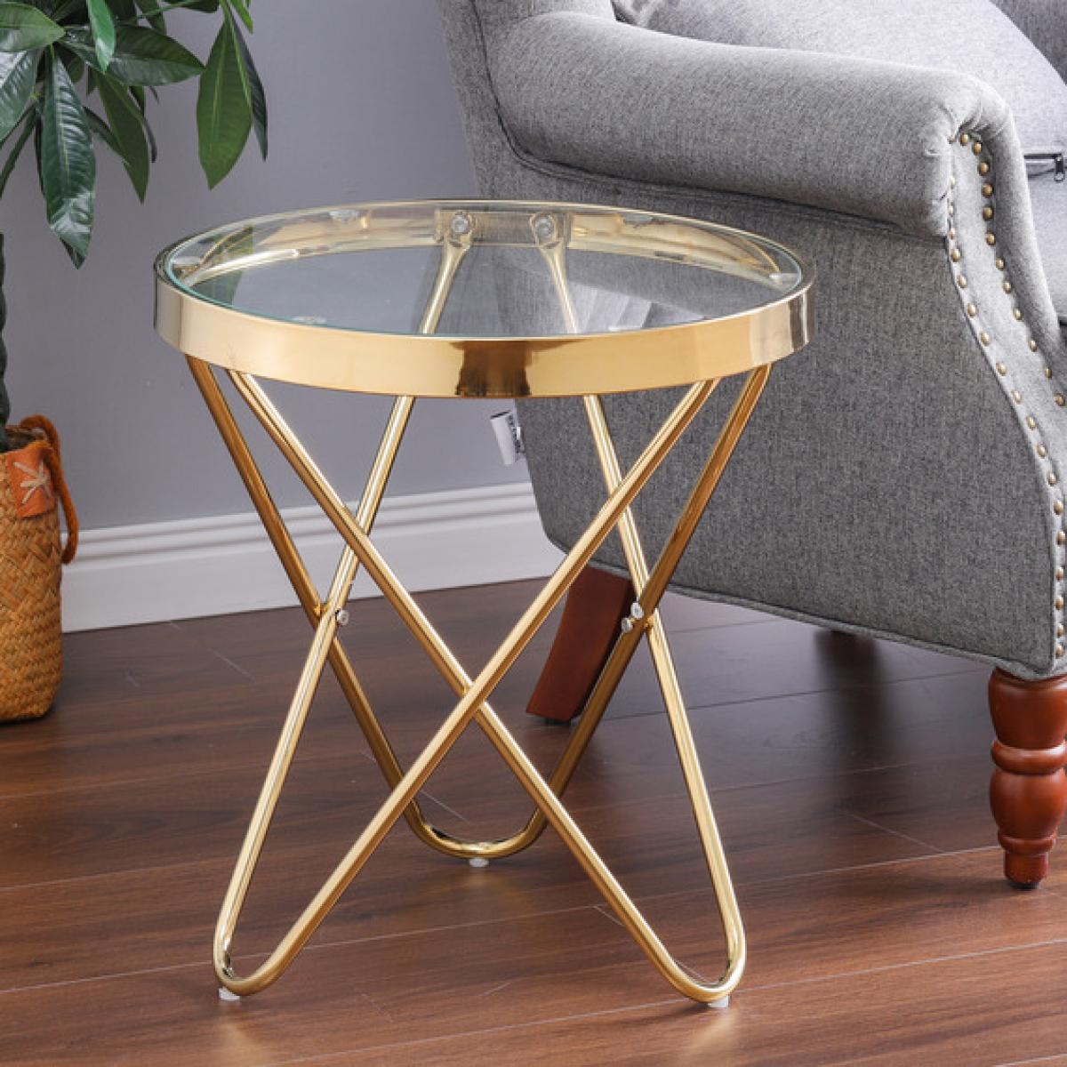 Tempered Glass Round Sofa Coffee End Table - Golden / Steel Tempered Glass