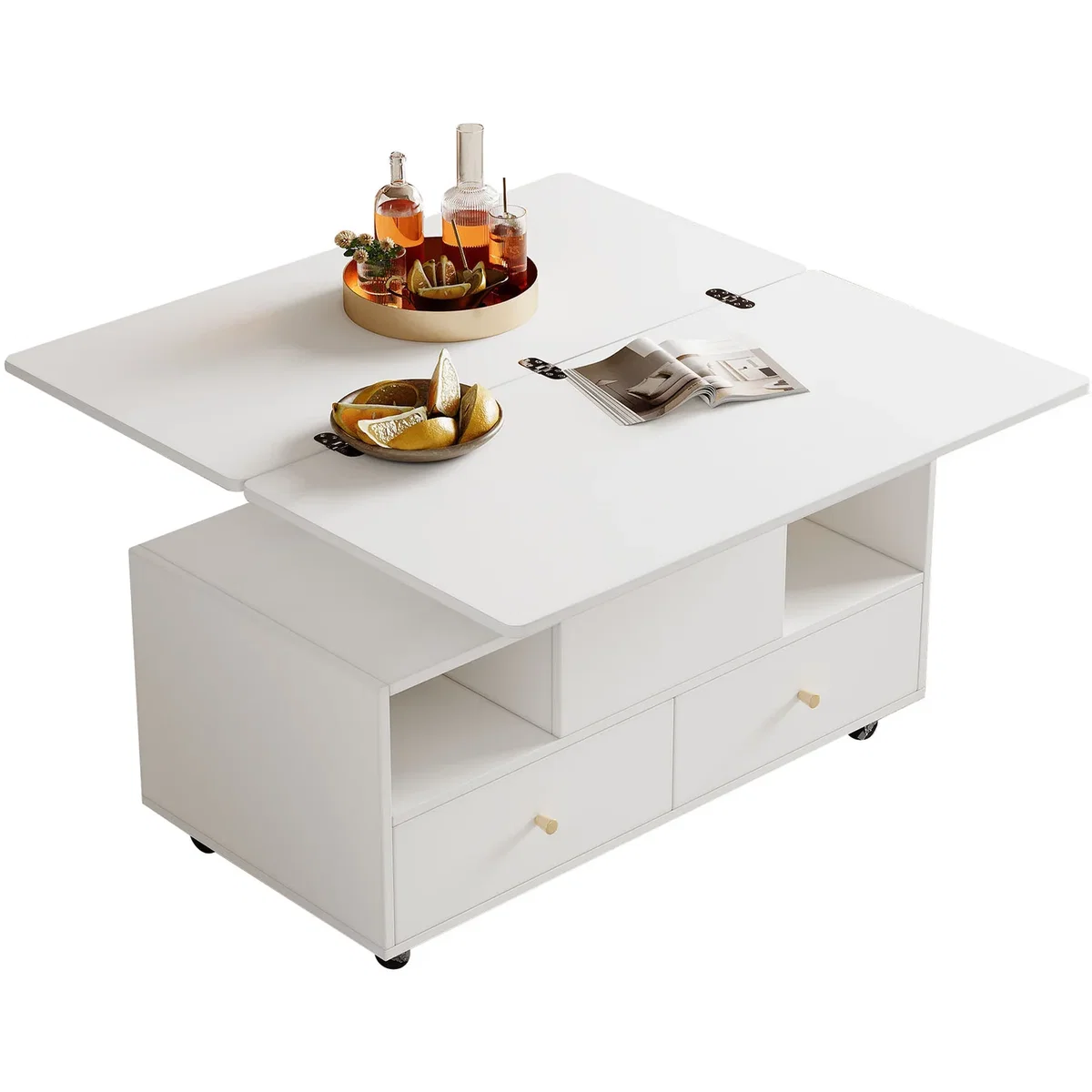 Lift Top Coffee Table with Wheels, 4 Drawers, 2 Lifting Platforms and Extendable Design, White - White – image 2