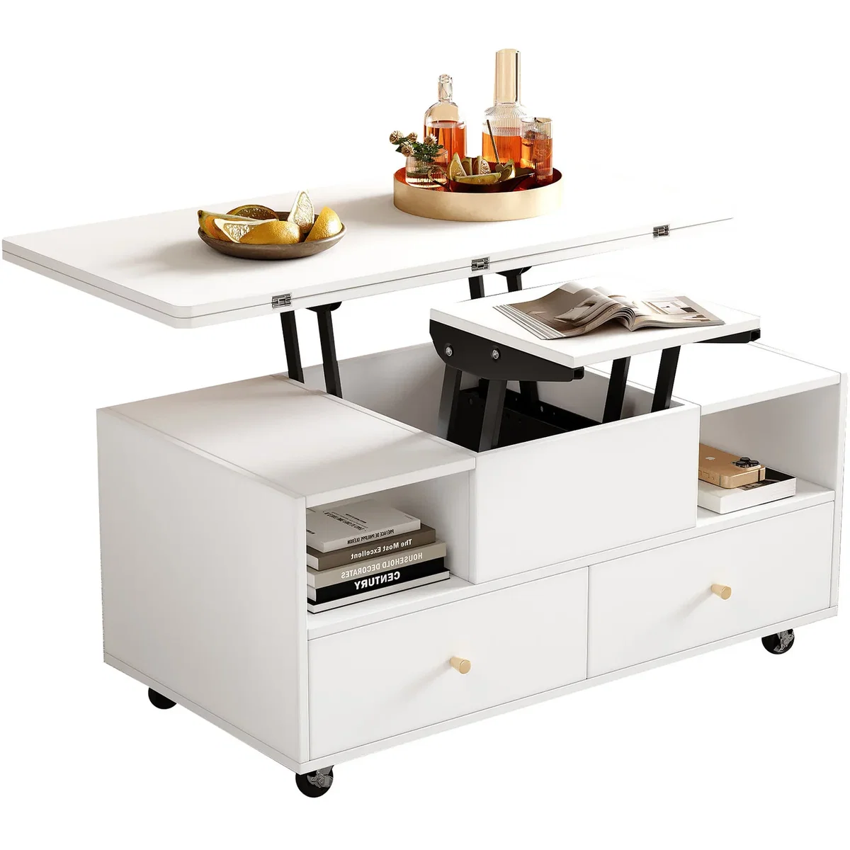 Lift Top Coffee Table with Wheels, 4 Drawers, 2 Lifting Platforms and Extendable Design, White - White – image 3