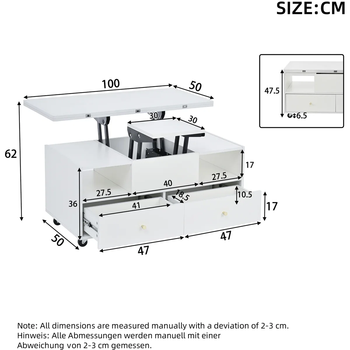 Lift Top Coffee Table with Wheels, 4 Drawers, 2 Lifting Platforms and Extendable Design, White - White – image 4