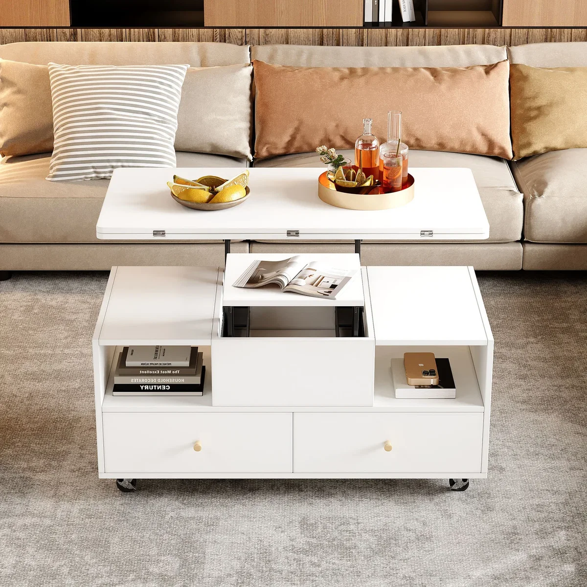 Lift Top Coffee Table with Wheels, 4 Drawers, 2 Lifting Platforms and Extendable Design, White - White – image 5