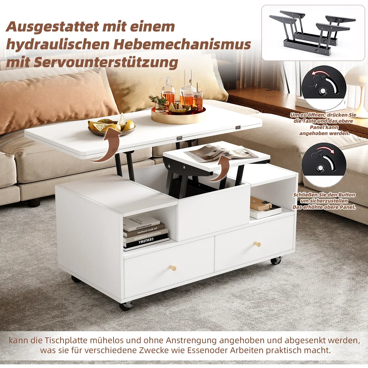 Lift Top Coffee Table with Wheels, 4 Drawers, 2 Lifting Platforms and Extendable Design, White - White – image 6