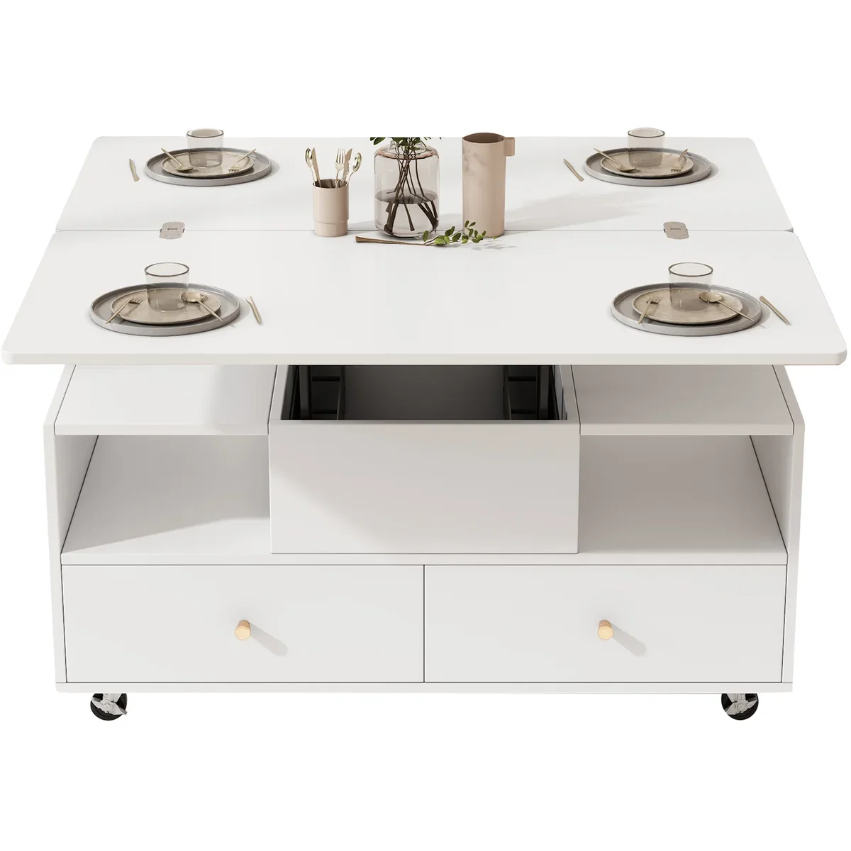 Lift Top Coffee Table with Wheels, 4 Drawers, 2 Lifting Platforms and Extendable Design, White - White – image 7