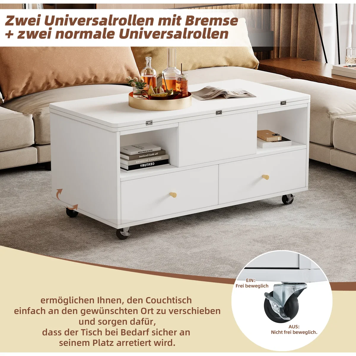 Lift Top Coffee Table with Wheels, 4 Drawers, 2 Lifting Platforms and Extendable Design, White - White – image 8