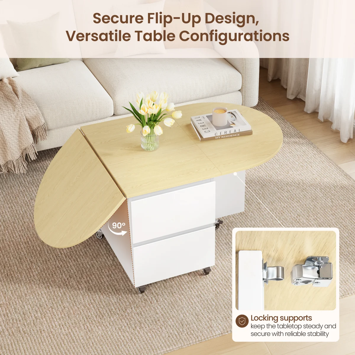 Yaheetech Expandable Coffee Table with 6 Wheels & Storage - White/Oak – image 2