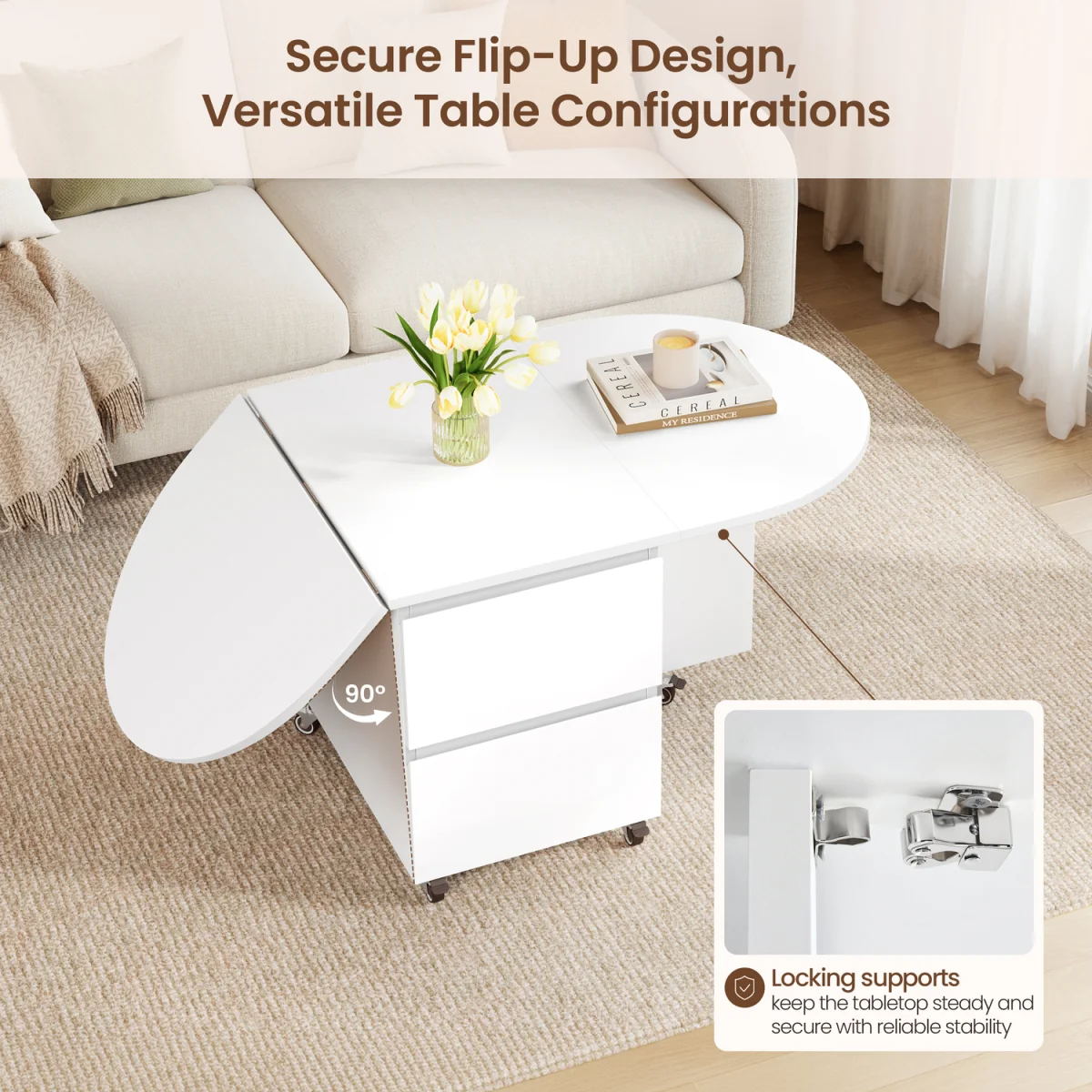Yaheetech Expandable Coffee Table with 6 Wheels & Storage - White/Oak – image 11