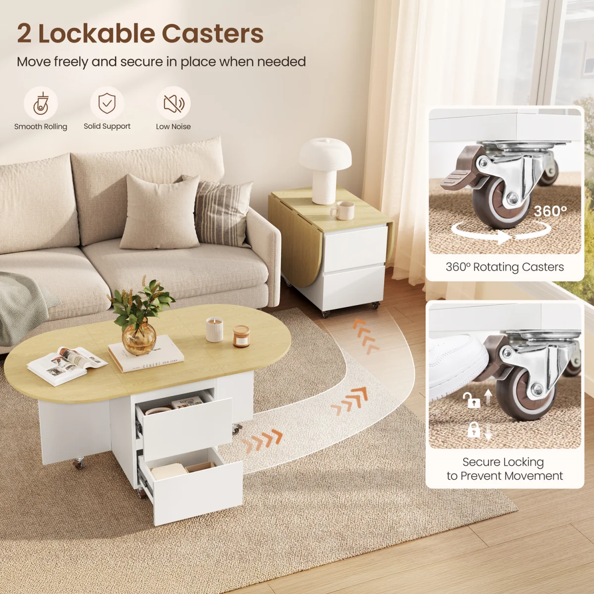 Yaheetech Expandable Coffee Table with 6 Wheels & Storage - White/Oak – image 6