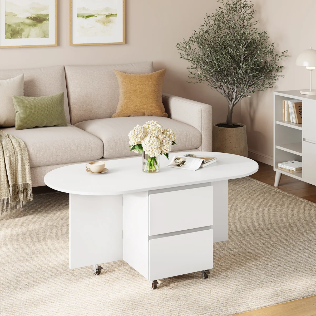 Yaheetech Expandable Coffee Table with 6 Wheels & Storage - White/Oak – image 7