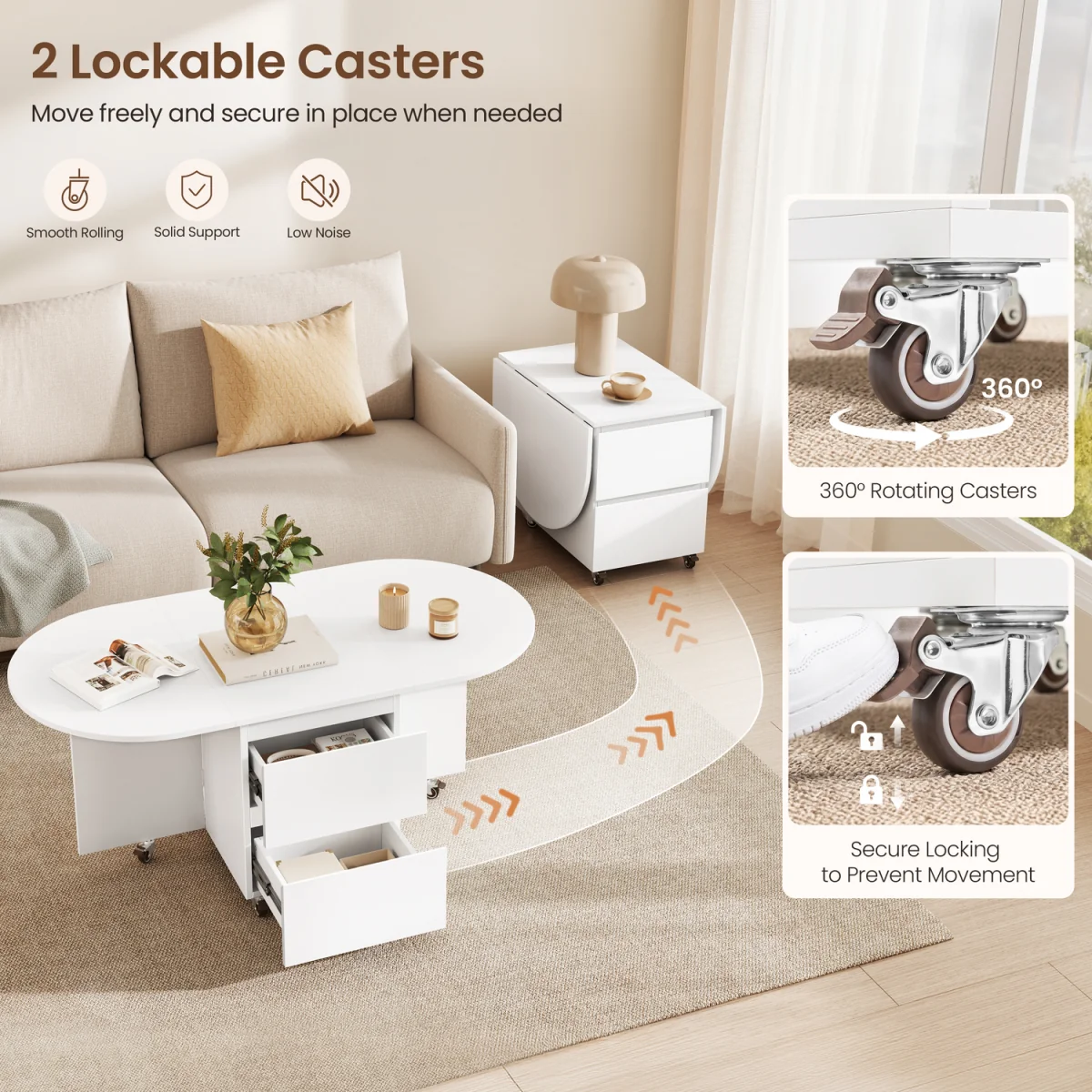 Yaheetech Expandable Coffee Table with 6 Wheels & Storage - White/Oak – image 9