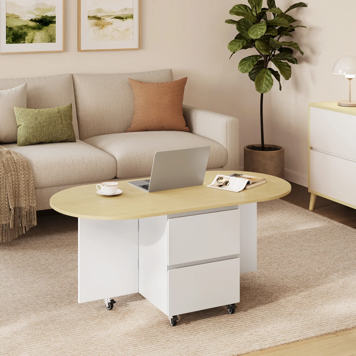 Yaheetech Expandable Coffee Table with 6 Wheels & Storage - White/Oak – image 1