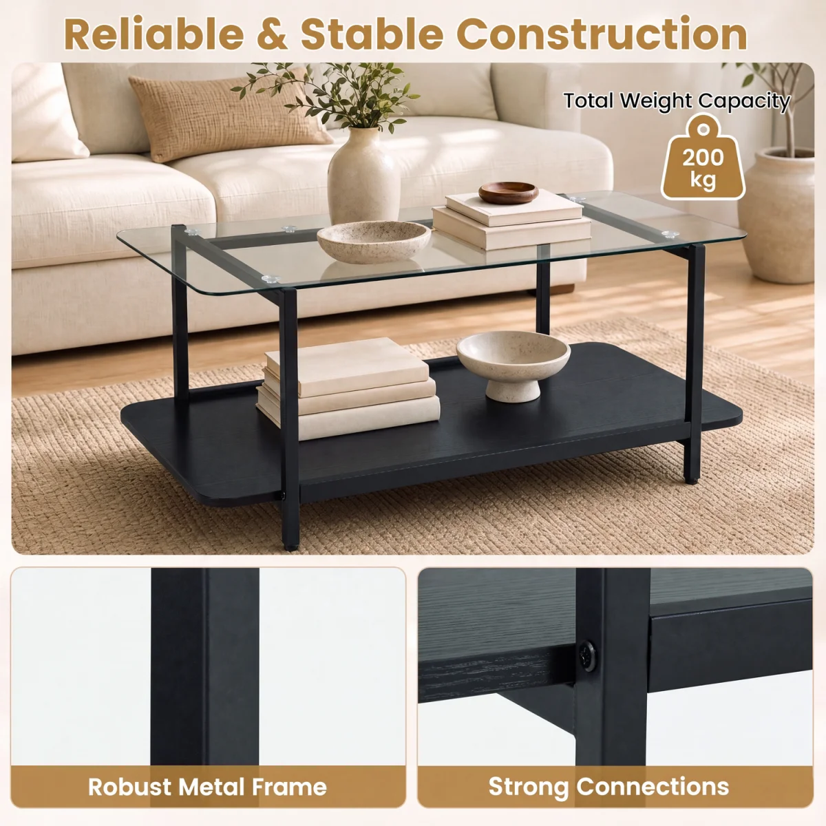 2 Tier Tempered Glass Coffee Table - Black – image 5