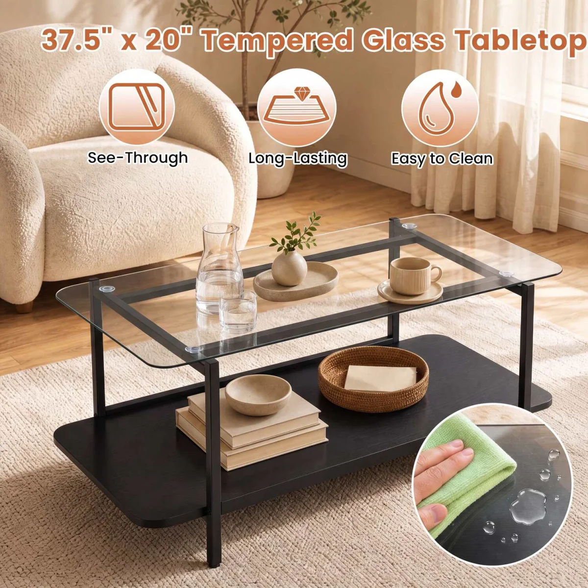 2 Tier Tempered Glass Coffee Table - Black – image 6