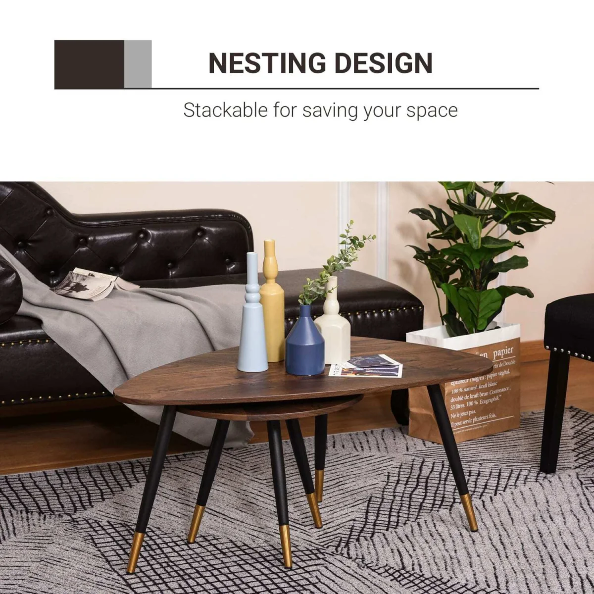 Nera Wood Walnut Finish 2-Piece Scandinavian Coffee Table Set – image 7