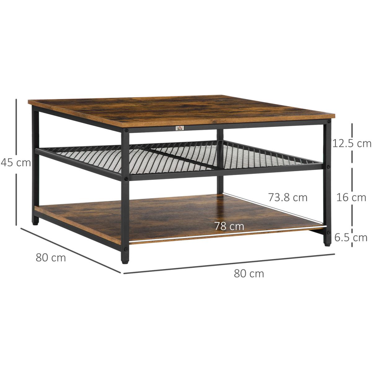 Industrial Coffee Table, Square Cocktail Table with 3-Tier Shelves - Rustic Brown – image 2