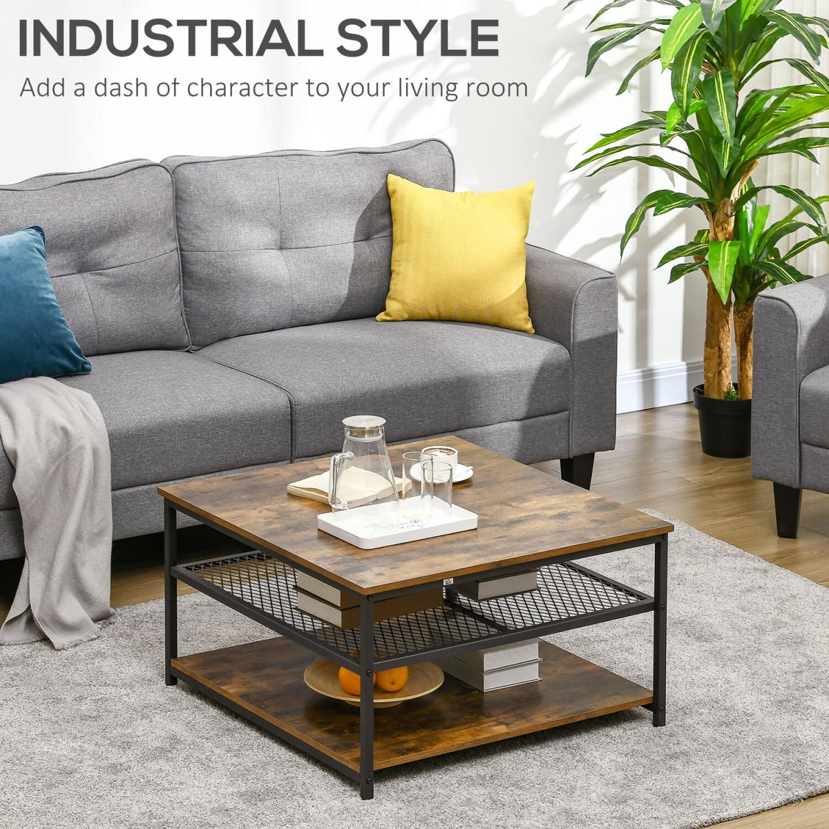 Industrial Coffee Table, Square Cocktail Table with 3-Tier Shelves - Rustic Brown – image 3