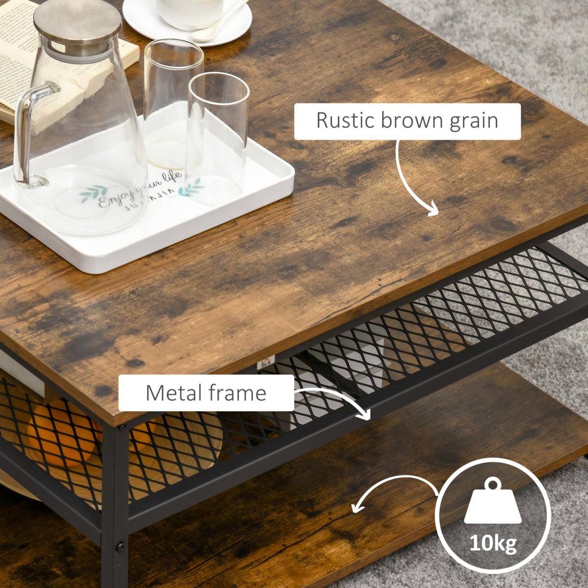 Industrial Coffee Table, Square Cocktail Table with 3-Tier Shelves - Rustic Brown – image 4