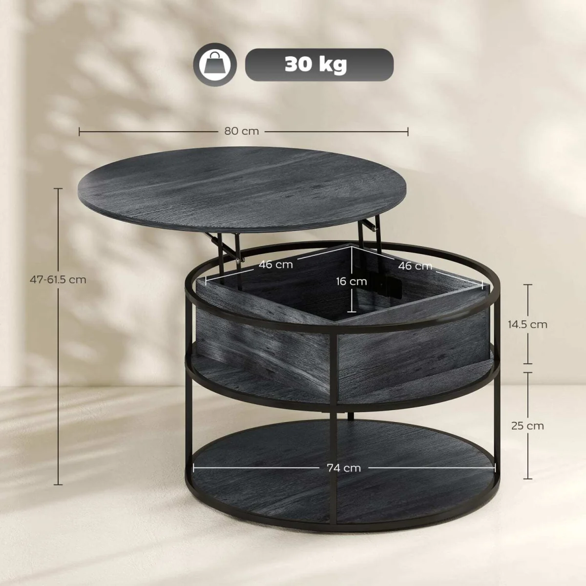 Diha Dark Grey Round Lift-Top Coffee Table with Hidden Storage – image 2