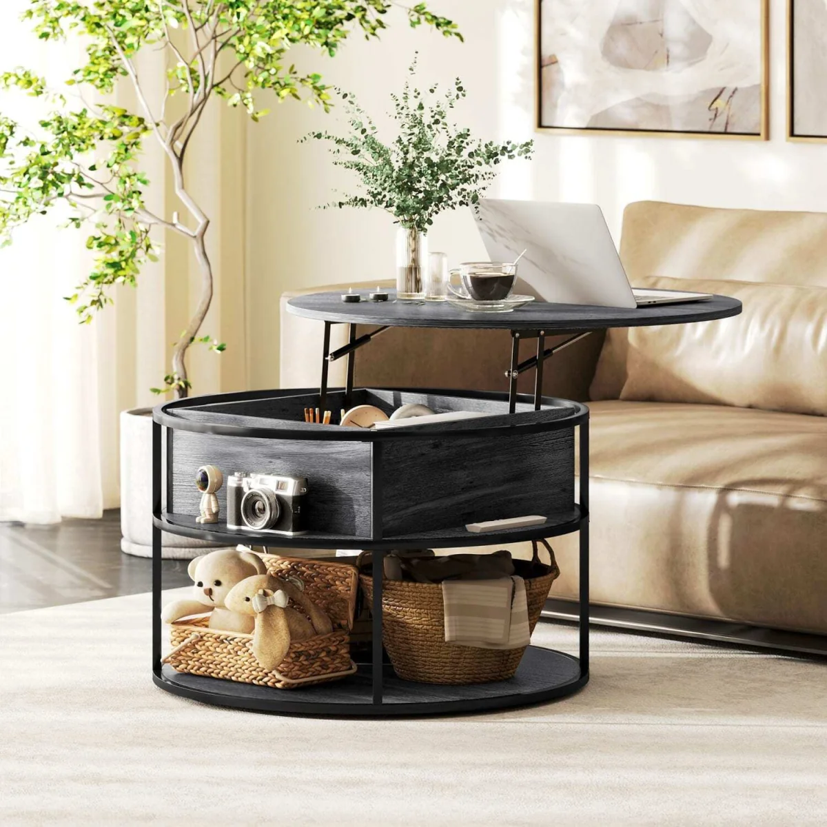 Diha Dark Grey Round Lift-Top Coffee Table with Hidden Storage – image 4