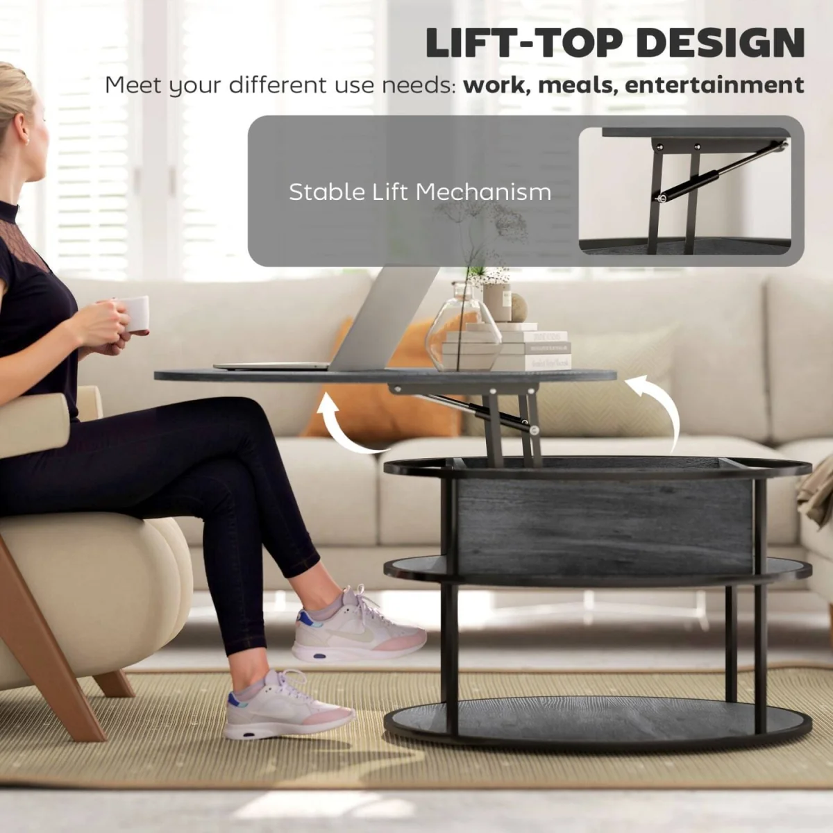 Diha Dark Grey Round Lift-Top Coffee Table with Hidden Storage – image 5