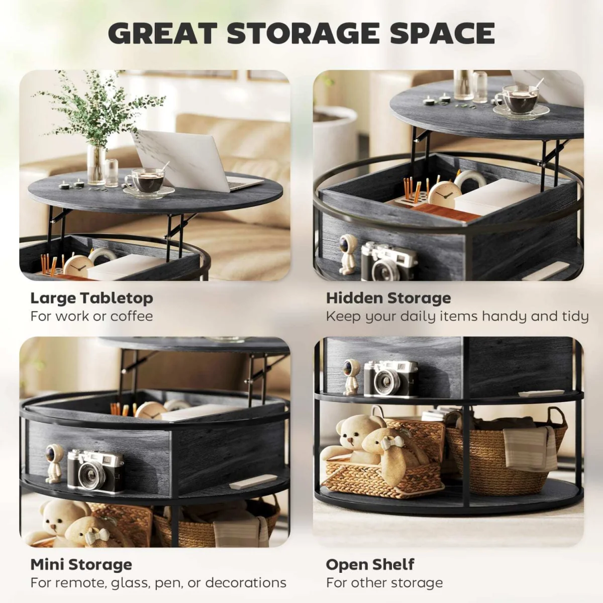Diha Dark Grey Round Lift-Top Coffee Table with Hidden Storage – image 6