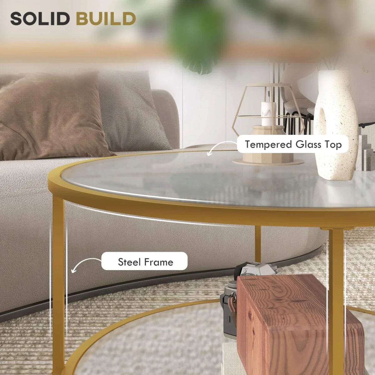 Tosomi Gold-Tone Round 2-Tier Coffee Table with Storage Shelf – image 3