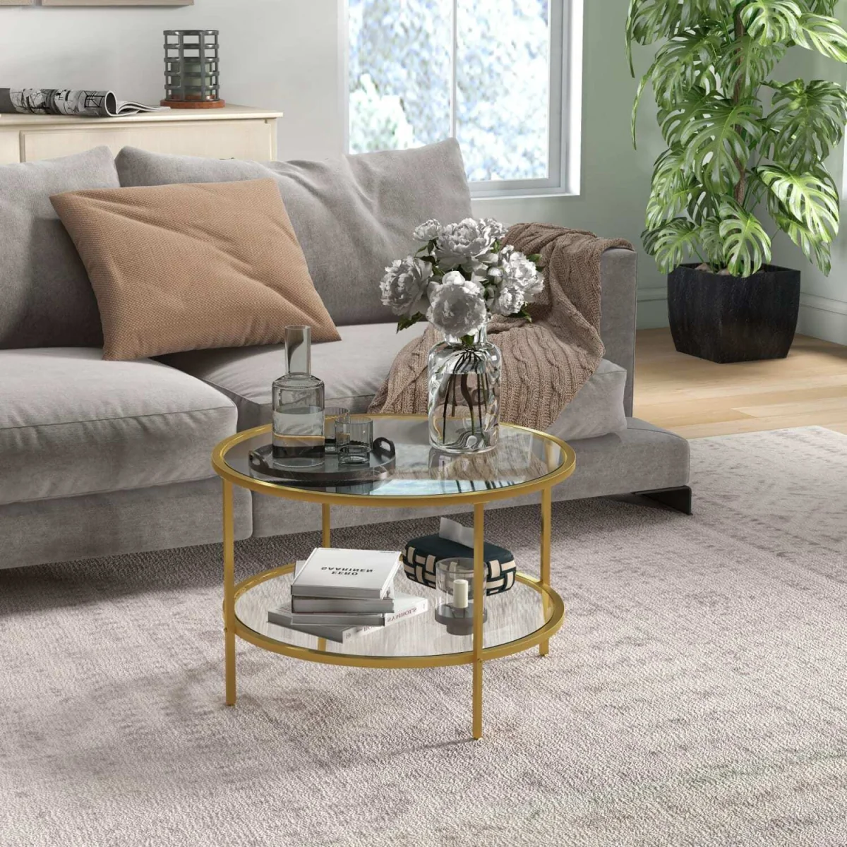 Tosomi Gold-Tone Round 2-Tier Coffee Table with Storage Shelf – image 4