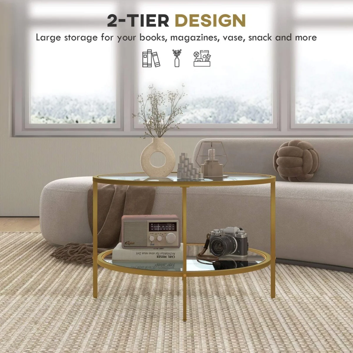 Tosomi Gold-Tone Round 2-Tier Coffee Table with Storage Shelf – image 6