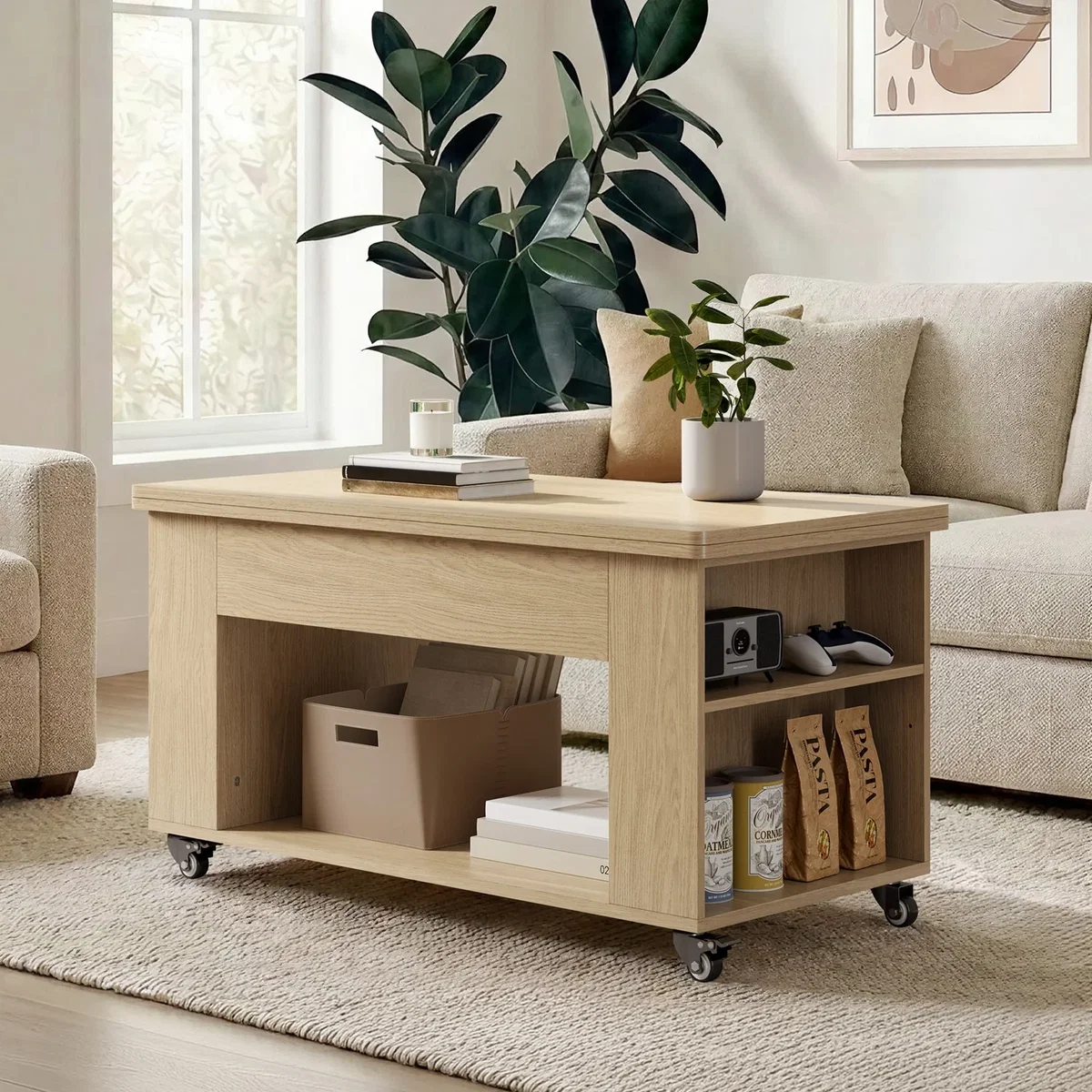 Yaheetech Expandable Rolling Coffee Table with Hidden Storage - Oak – image 2
