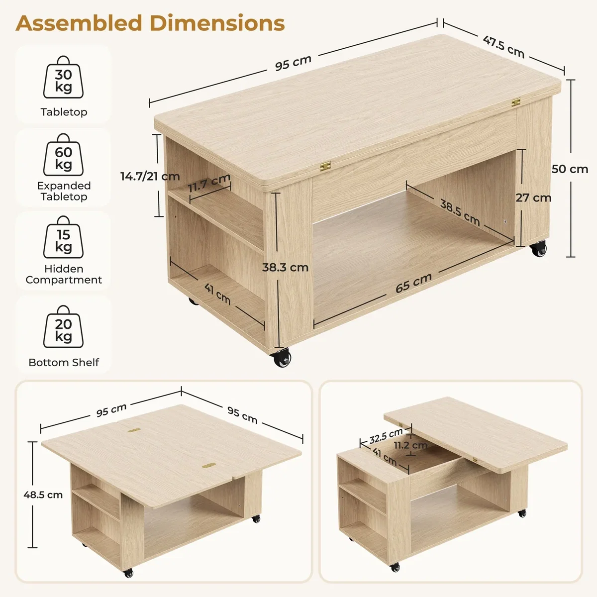 Yaheetech Expandable Rolling Coffee Table with Hidden Storage - Oak – image 3