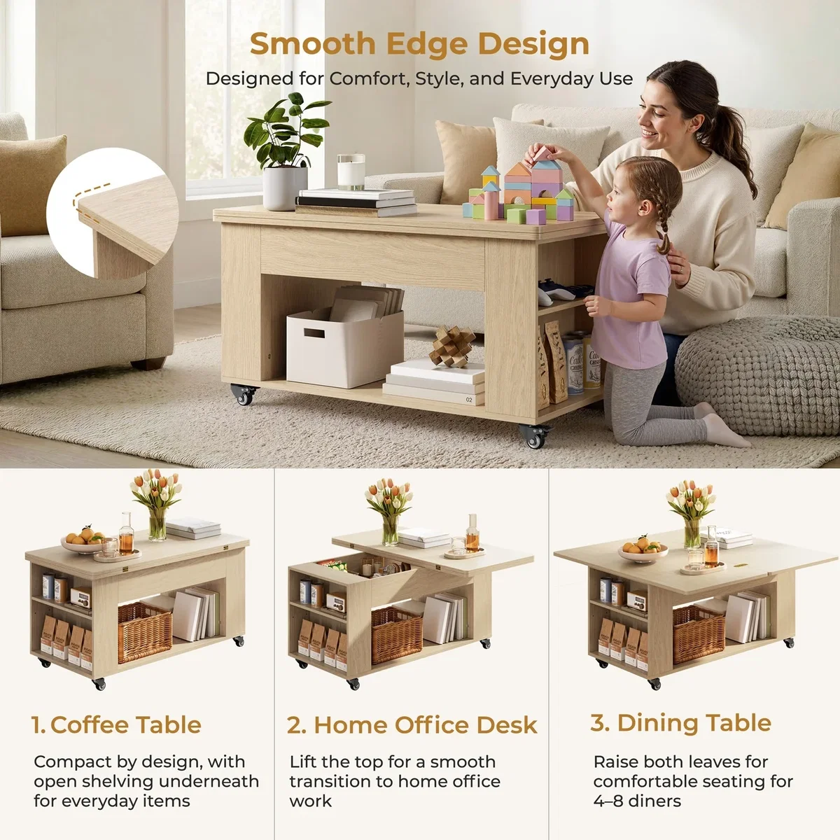 Yaheetech Expandable Rolling Coffee Table with Hidden Storage - Oak – image 4