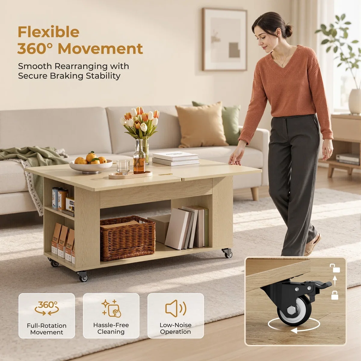 Yaheetech Expandable Rolling Coffee Table with Hidden Storage - Oak – image 5