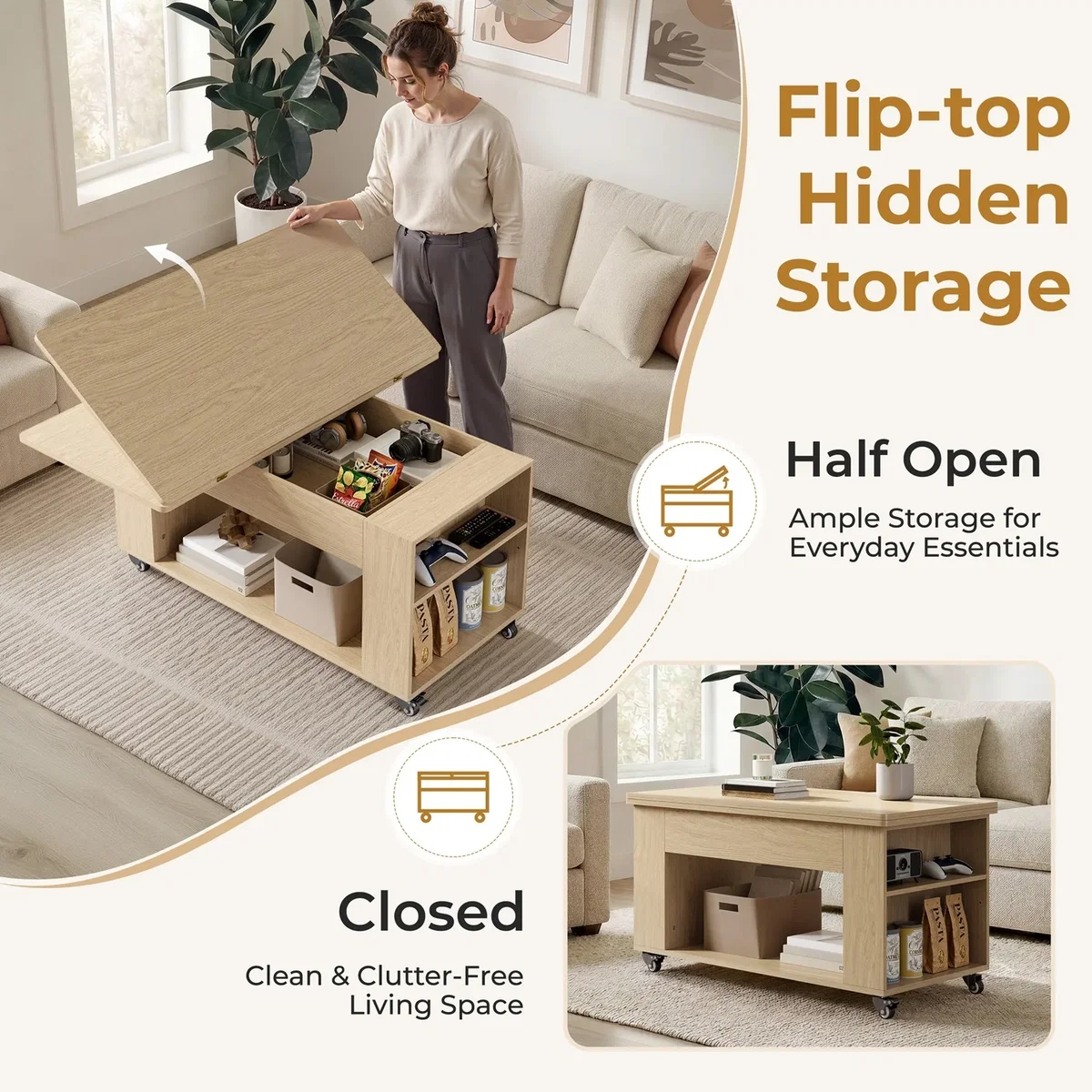 Yaheetech Expandable Rolling Coffee Table with Hidden Storage - Oak – image 6