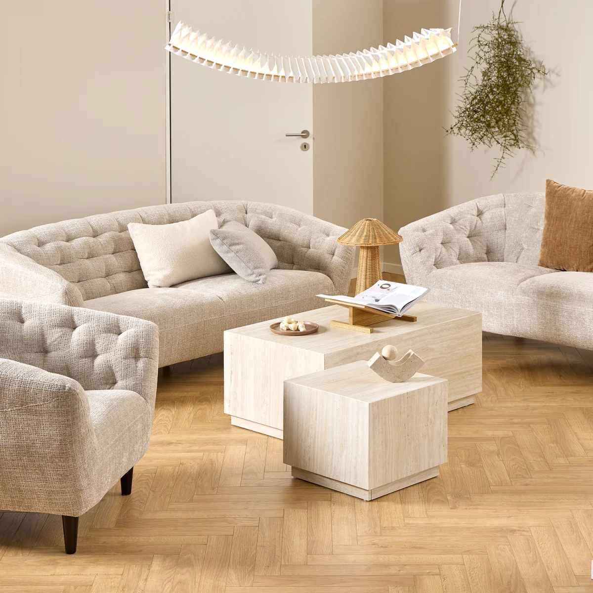 Dice Square and Rectangular Coffee Table Set of 2 in Travertine Rough Paper Effect - Travertine – image 3
