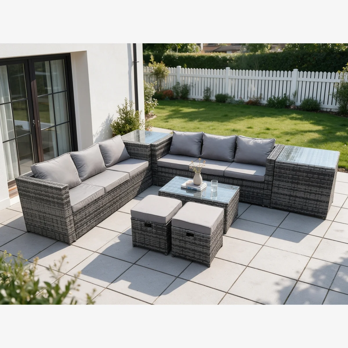 8-Seat Rattan Set Mixed: 2x3-Seat Sofas, Coffee Table, Side Tables, 2 Footstools - Dark Grey Mixed