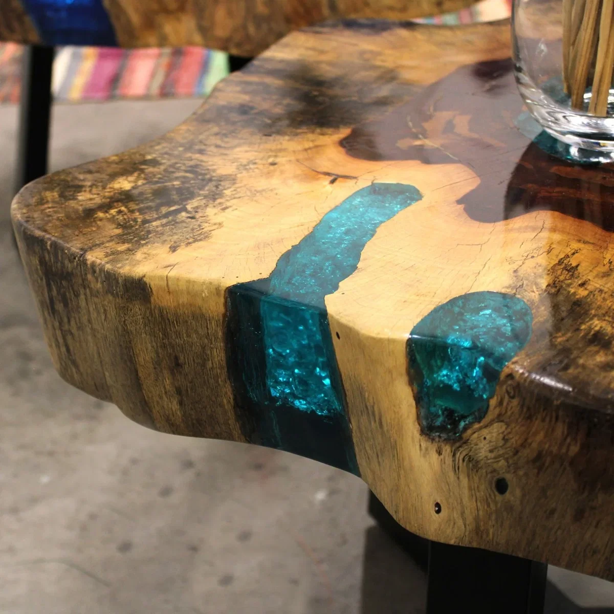 Tamarind & Resin Aqua Coffee Table Unique Modern Wooden Centerpiece - Brown – image 4