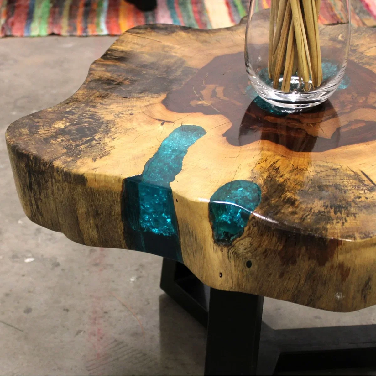Tamarind & Resin Aqua Coffee Table Unique Modern Wooden Centerpiece - Brown – image 5