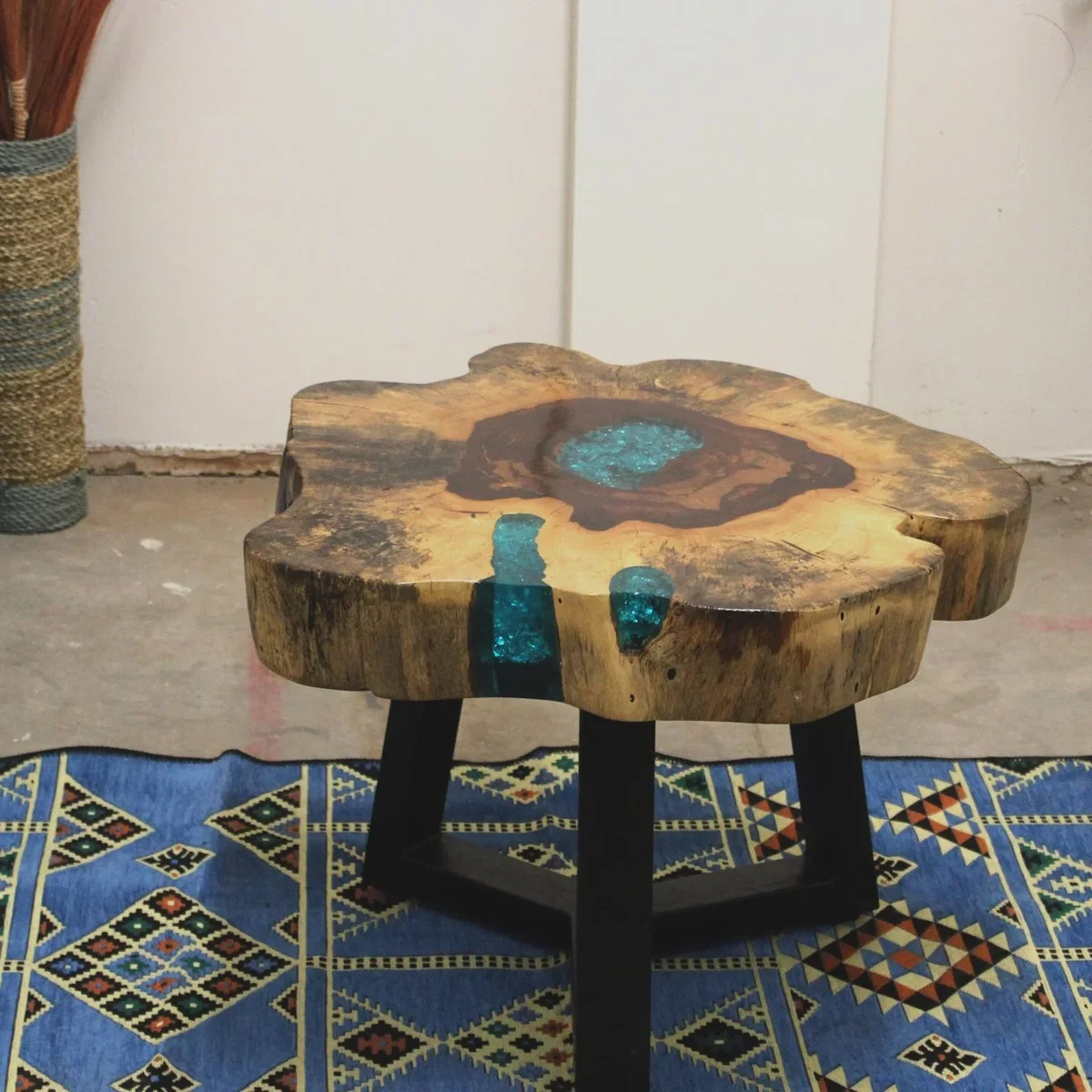Tamarind & Resin Aqua Coffee Table Unique Modern Wooden Centerpiece - Brown – image 6