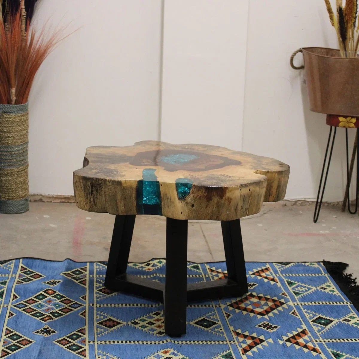 Tamarind & Resin Aqua Coffee Table Unique Modern Wooden Centerpiece - Brown – image 7