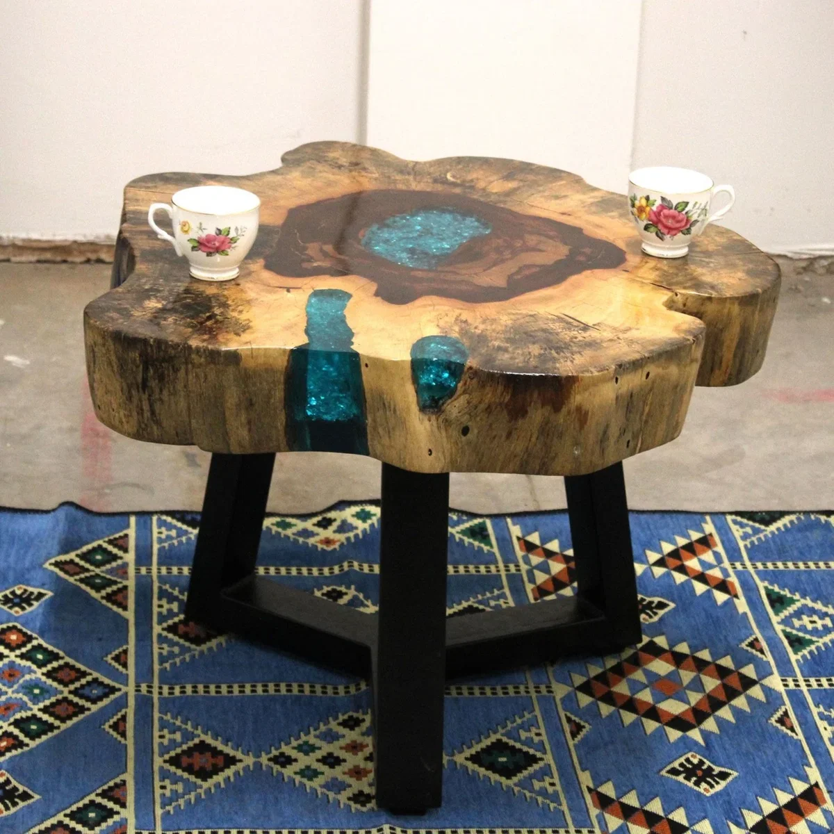 Tamarind & Resin Aqua Coffee Table Unique Modern Wooden Centerpiece - Brown – image 8