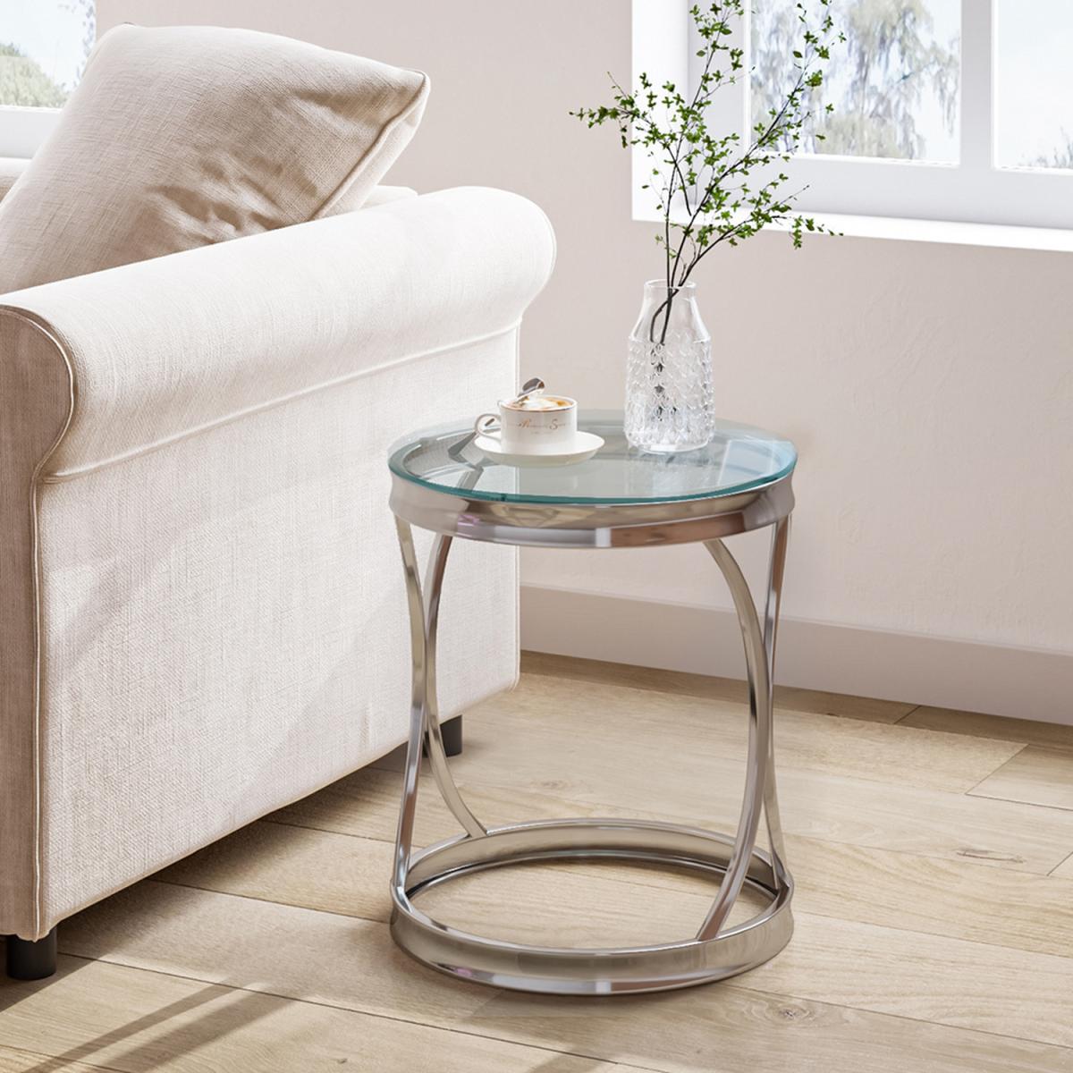 Modern Round Tempered Glass Coffee Tea End Table With Geometry Chrome Base - Silvery – image 5