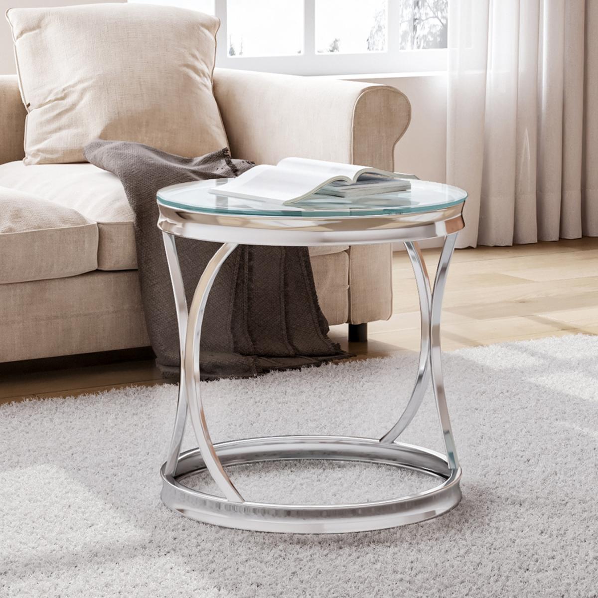 Modern Round Tempered Glass Coffee Tea End Table With Geometry Chrome Base - Silvery – image 6