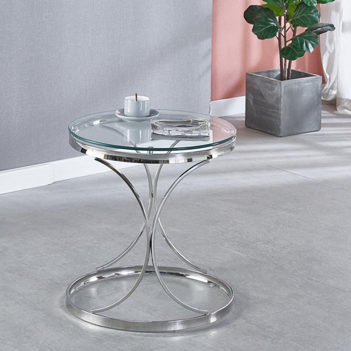 Modern Round Tempered Glass Coffee Tea End Table With Geometry Chrome Base - Silvery – image 7