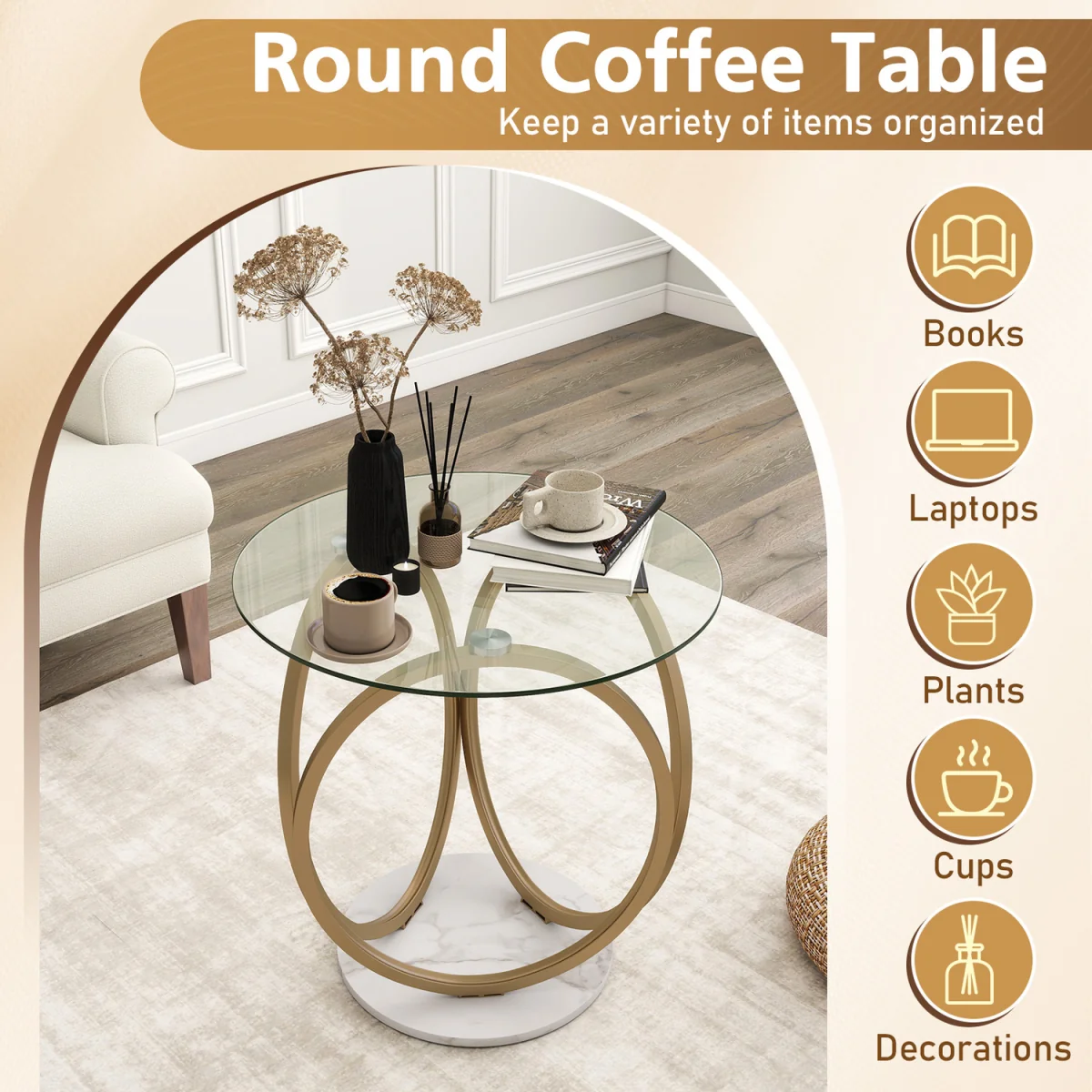Oval circular coffee table - Gold – image 7