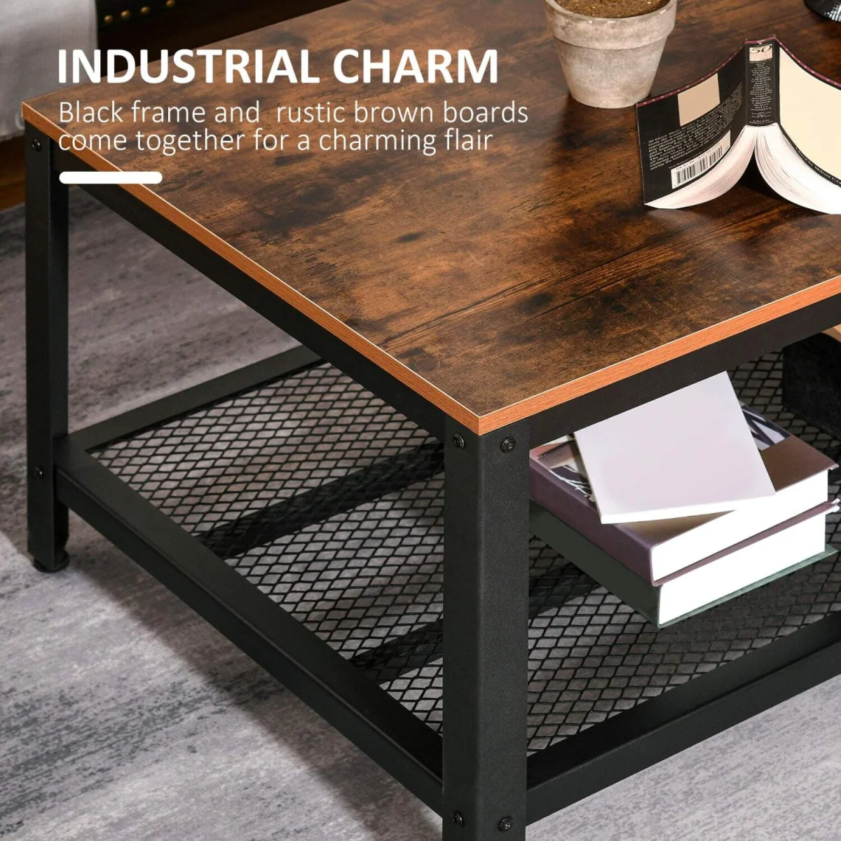 Mivefa Rustic Brown Industrial Coffee Table with Bottom Mesh Shelf – image 4