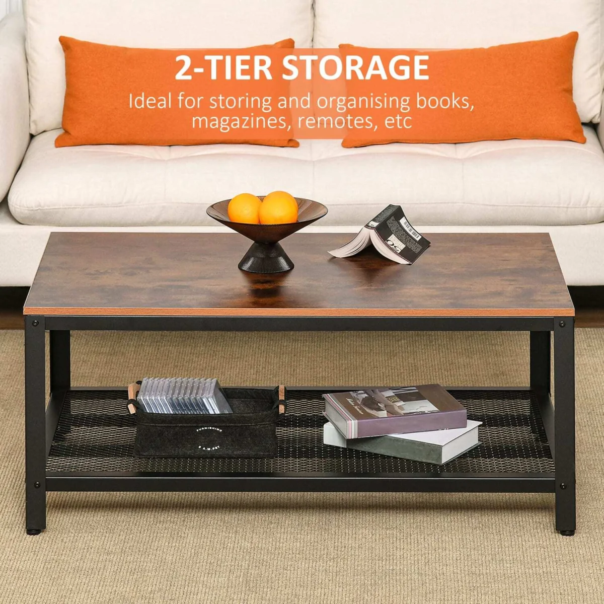 Mivefa Rustic Brown Industrial Coffee Table with Bottom Mesh Shelf – image 6