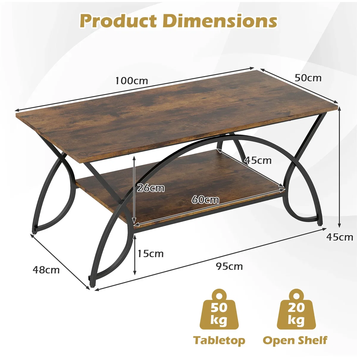 Costway 2-Tier Industrial Coffee Table - Brown – image 3